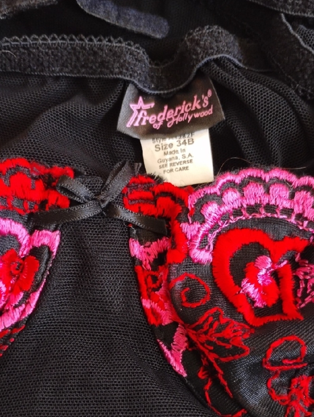 Frederick's of Hollywood Black Bra Teddy with Red and Pink Floral Embroidery